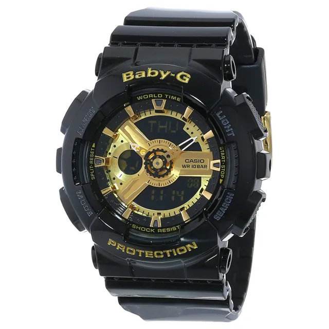 【CASIO 卡西歐】BABY-G系列 率性女孩小黑金雙顯電子錶(黑/金 BA-110-1A)