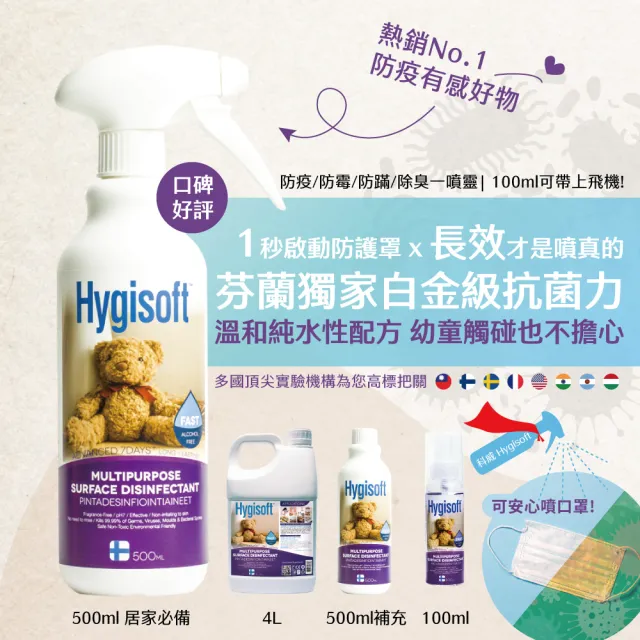 【芬蘭Hygisoft 科威】多用途表面殺菌消毒噴霧 - 500ml 補充瓶(媽媽推薦 防霉防蹣 遠離過敏)