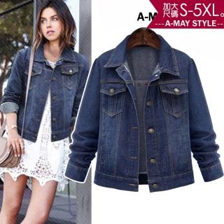【艾美時尚】中大尺碼女裝 丹寧 經典刷色翻領牛仔外套。S-5XL(深藍.現貨+預購)