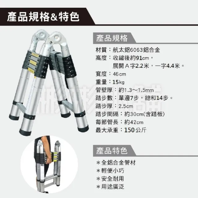 【彬彬小舖】2.2+2.2M 鋁合金多功能伸縮梯(工作梯/A字梯/人字梯/鋁梯/摺疊梯/樓梯)