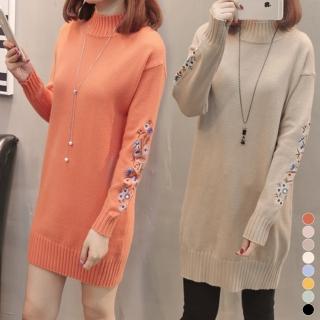 【MsMore】韓風美人花樣刺繡圓領針織長版上衣#103177(8色)