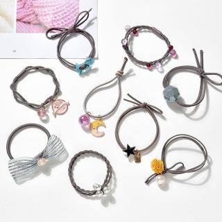 【Emi 艾迷】韓系清新童趣可愛裝飾蝴蝶結 兒童髮圈 成人髮圈9件組(咖啡色)