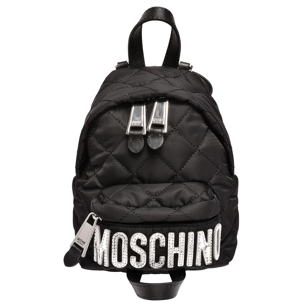 【MOSCHINO】菱格紋縫線銀色LOGO尼龍手提/後背包(迷你-黑2B7609-8201-4555)