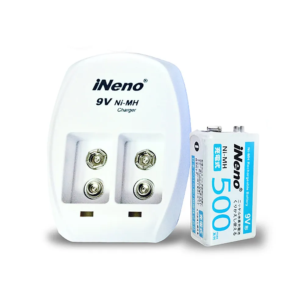 【iNeno】鎳氫9V角型充電電池9V/500max 1顆入+9V鎳氫專用充電器(適用於煙霧偵測器 無線麥克風)