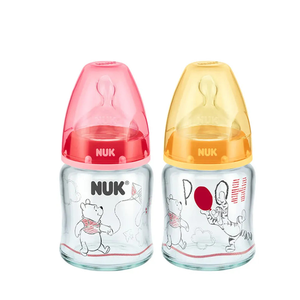 【NUK 官方直營】迪士尼寬口玻璃奶瓶120ml-附1號中圓洞矽膠奶嘴0m+(適合0-6個月)