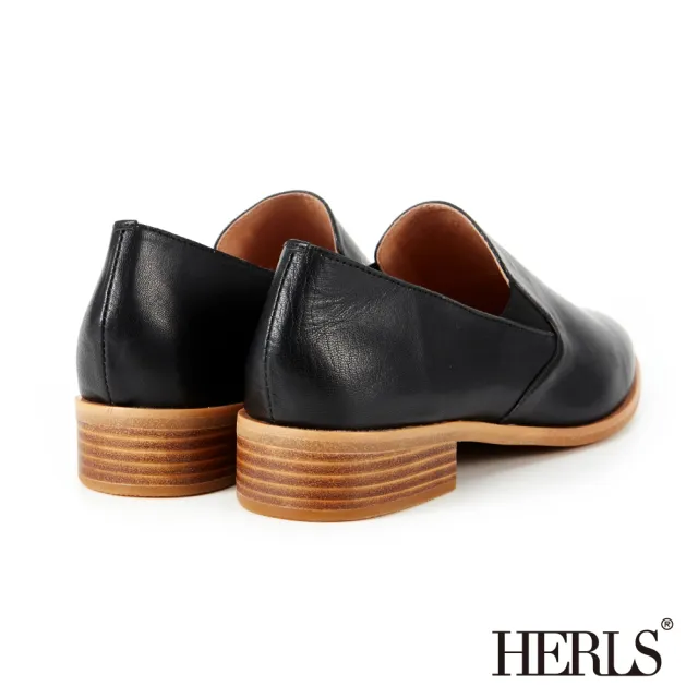 【HERLS】品味生活 全真皮素面橢圓頭樂福鞋(黑色)