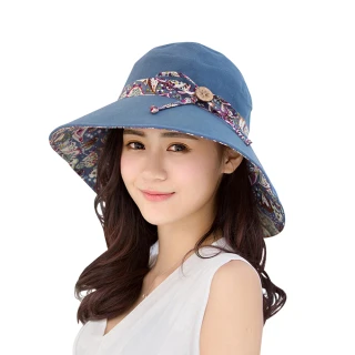 【幸福揚邑】愛心紋大帽檐抗UV防紫外線雙面配戴可摺疊遮陽帽(藍)