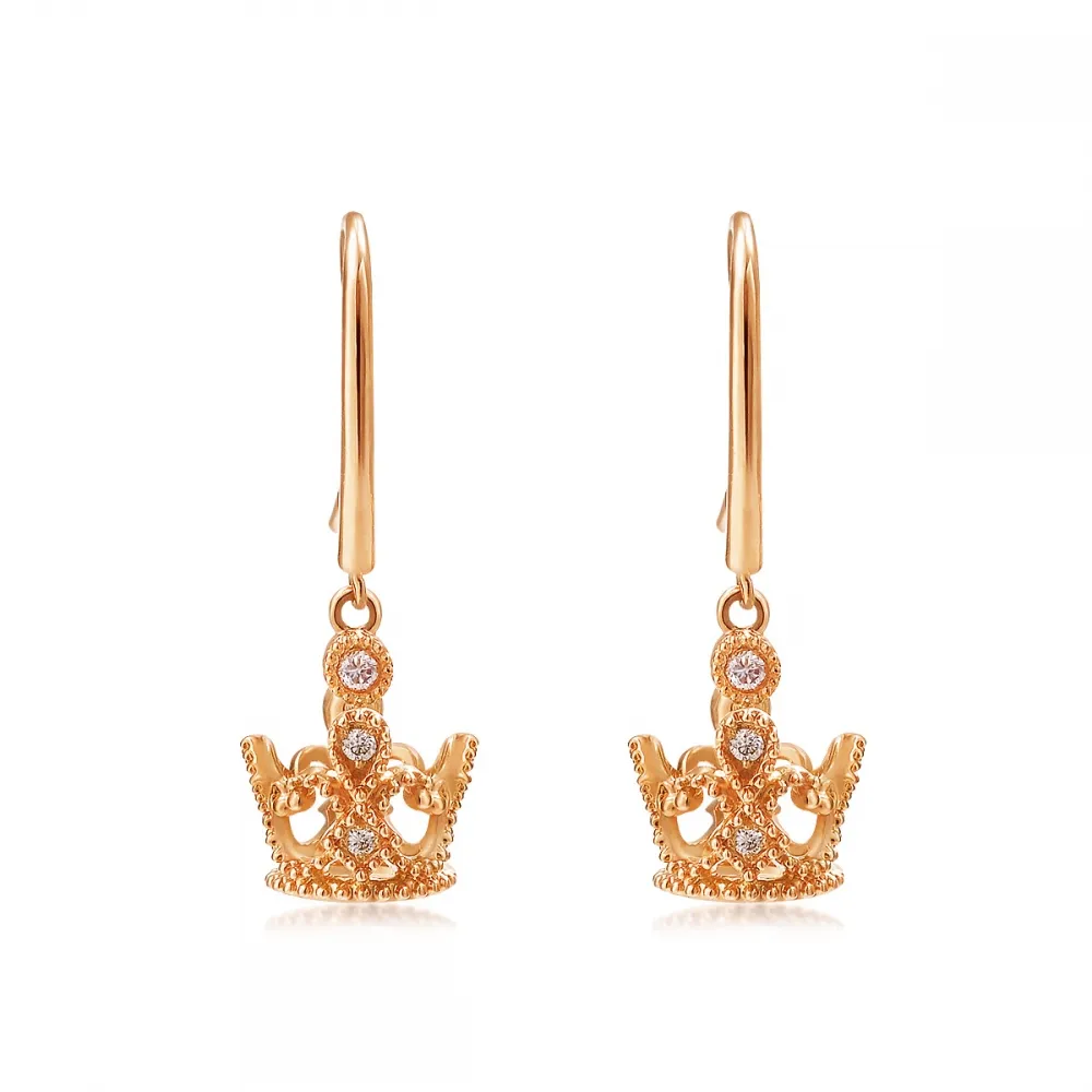 【點睛品】V&A 18K玫瑰金鑽石皇冠造型耳環(一對)