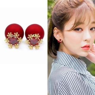 【I.Dear Jewelry】鑲鑽雪花雙面珠光紅珍珠銀針耳環(4色)