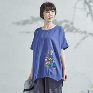 【慢。生活】花彩刺繡棉麻上衣-F(白/藍)