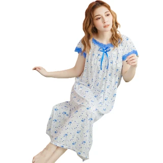 【lingling】PA3616全尺碼-日系印花牛奶絲短袖長版連身裙睡衣(浪漫藍)