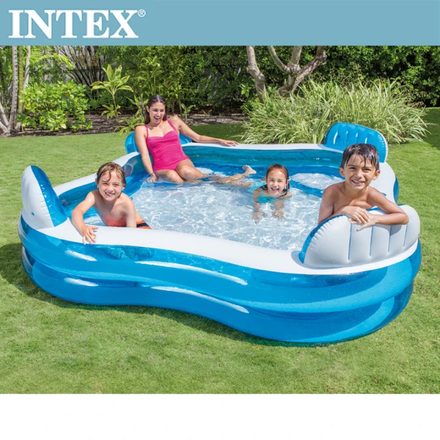 【INTEX】藍色透明有靠墊戲水游泳池229x229x66cm_990L_適用3歲+(56475N)