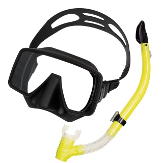 【AQUATEC】SN-200潛水呼吸管+MK-350 無框貼臉潛水面鏡 黑色矽膠 優惠組(潛水面鏡 潛水呼吸管)