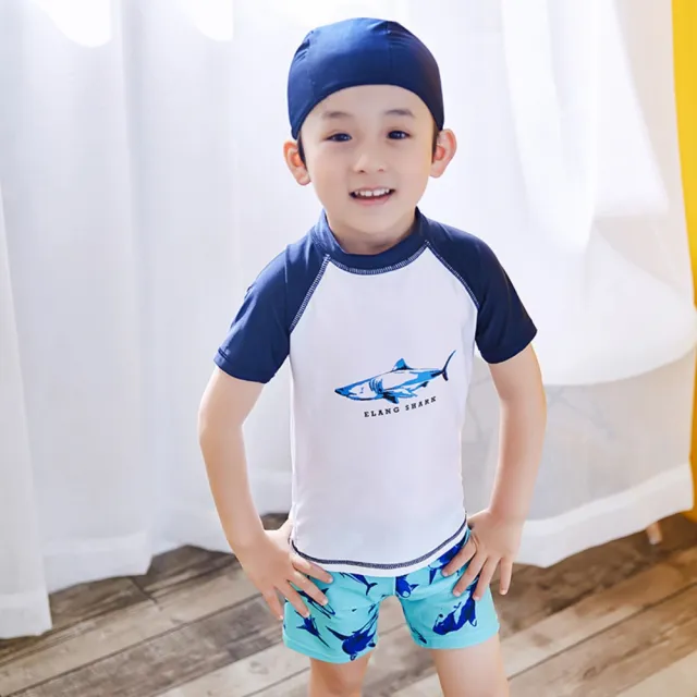 【小衣衫童裝】男童清爽二件式短袖泳衣泳褲送泳帽(1070604)