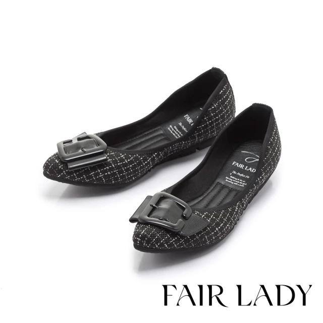 FAIR LADYFAIR LADY 我的旅行日記 時髦金屬腰帶釦平底鞋(黑格紋、502759)