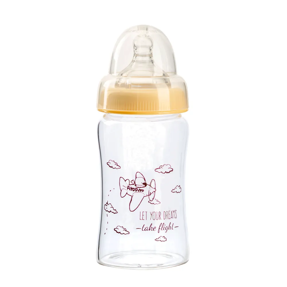 【Piyo Piyo 黃色小鴨】媽咪乳感玻璃寬口奶瓶(180ml 一體成形 人體工學 晶鑽 輕薄)
