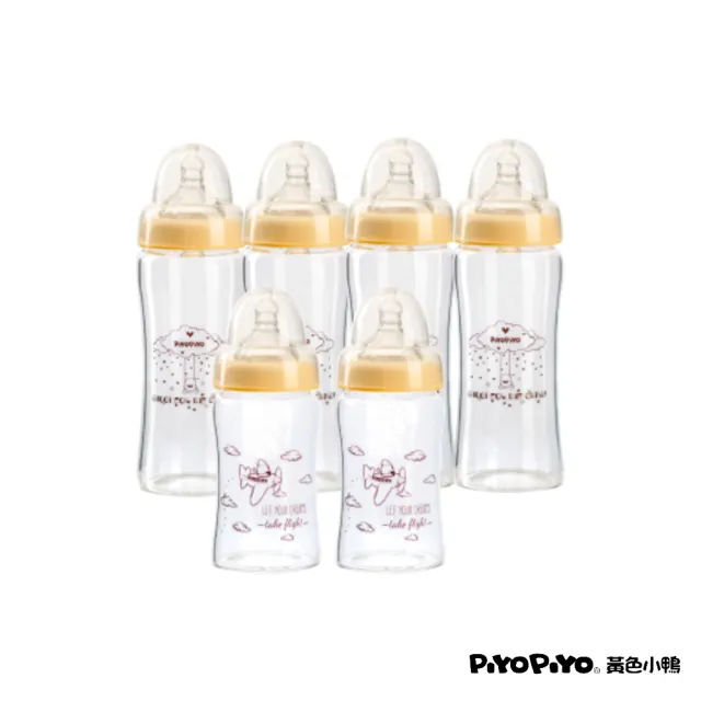 【Piyo Piyo 黃色小鴨】媽咪乳感玻璃寬口奶瓶6入組(180mlx2+280mlx4 晶鑽 輕薄 一體成形 人體工學)