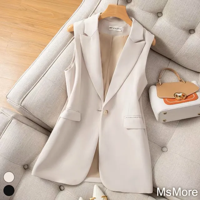 【MsMore】韓版時尚小個子中長款無袖西裝馬夾背心外套#118929(2色)