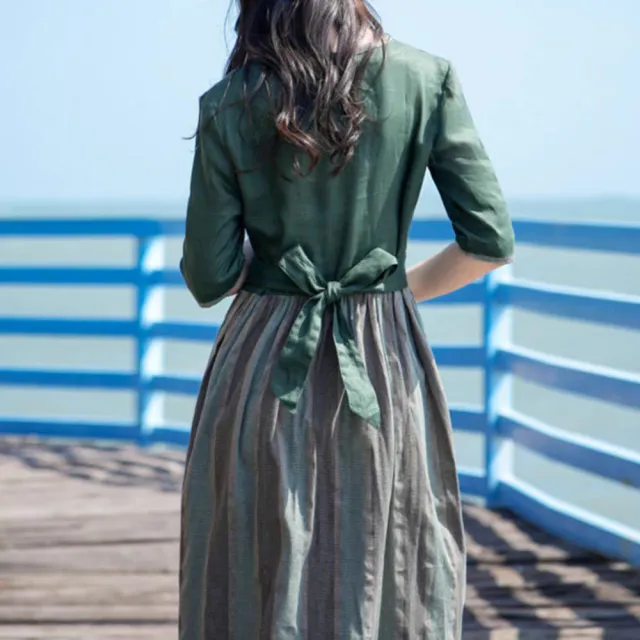【ACheter】漢服改良連身裙復古文藝棉麻短袖減齡氣質顯瘦長裙洋裝#119059(綠)