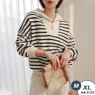 【LANNI 藍尼】★條紋撞色海軍領上衣(休閒/拉鍊/翻領/長袖)