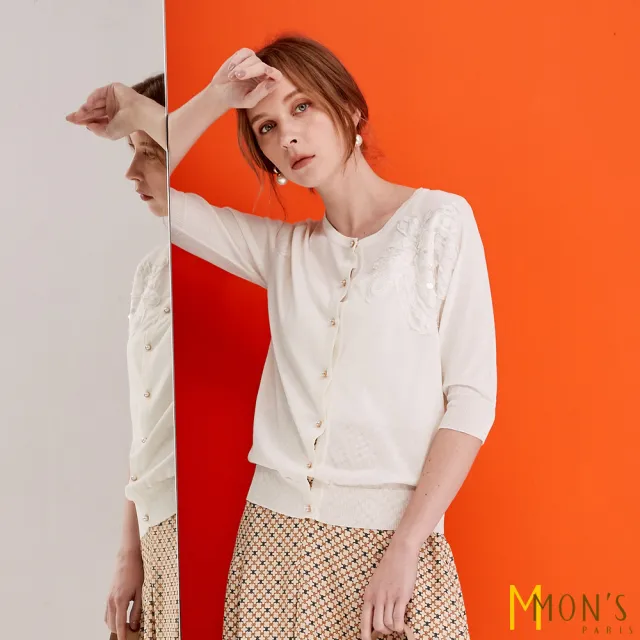 【MON’S】蕾絲花珍珠釦針織外套