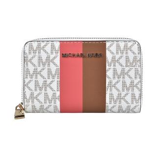 【Michael Kors】MK MICHAEL KORS金屬字母LOGO印花雙色條紋設計PVC 4卡拉鏈卡零錢包(大麗花白x粉棕條紋)