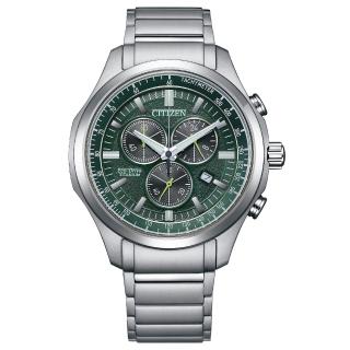 【CITIZEN 星辰】GENTS 光動能鈦金屬競速計時男錶-綠x銀/43mm 母親節限定(AT2530-85X)
