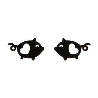 【VIA】白鋼耳釘 縷空耳釘/動物系列 縷空愛心可愛小豬造型白鋼耳釘(黑色)