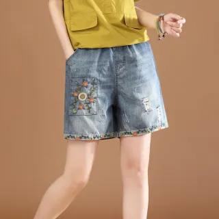 【米蘭精品】牛仔褲丹寧短褲(寬鬆刺繡五分闊腿女褲子74fm43)