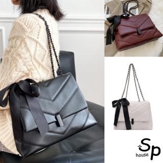 【Sp house】淑女V型蝴蝶結單肩斜背女用翻蓋大容量包(3色可選)