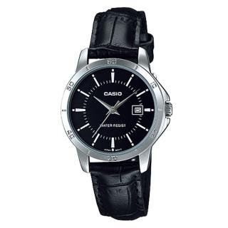【CASIO 卡西歐】經典時尚銀框皮革腕錶-羅馬黑麵(LTP-V004L-1A)