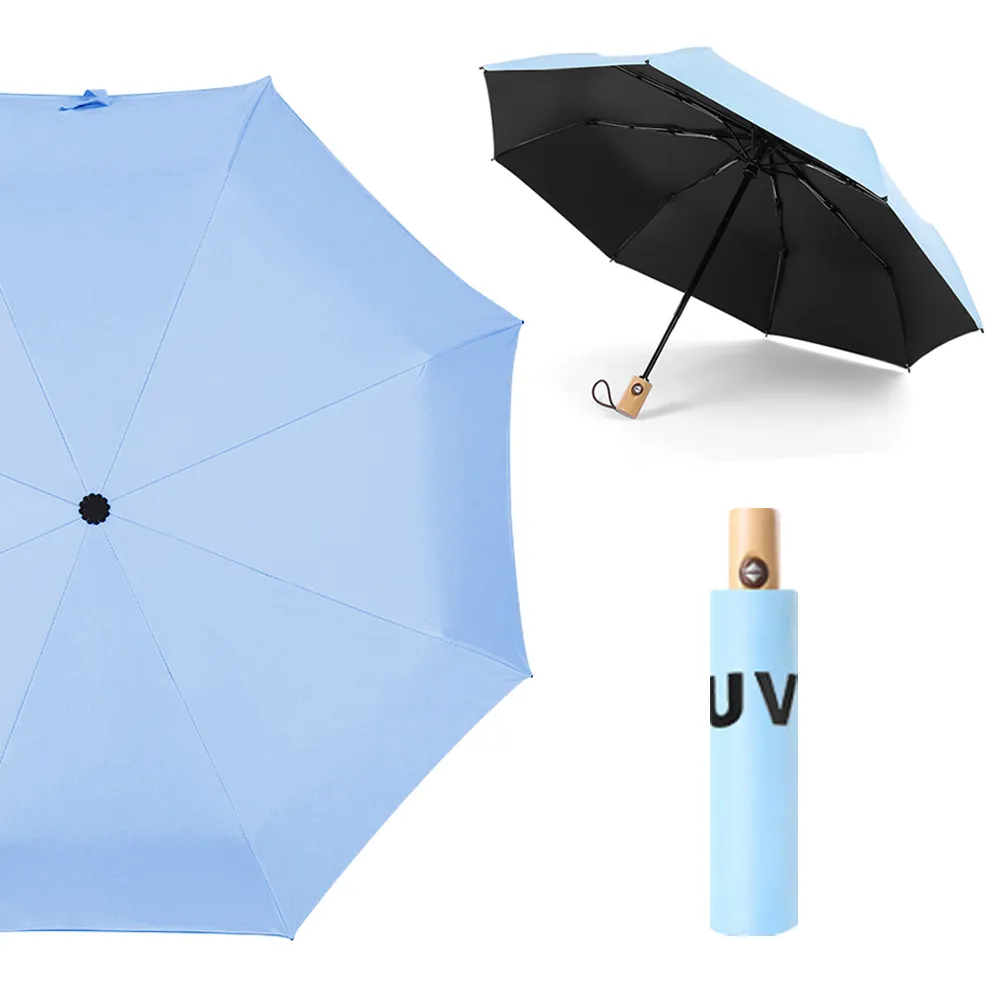 【幸福揚邑】降溫抗UV防風防撥水大傘面全自動開收木柄晴雨摺疊傘(淺藍)