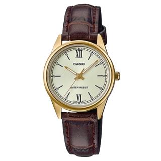【CASIO 卡西歐】CASIO 指標女錶 皮革錶帶 金 生活日常防水(LTP-V005GL-9B)