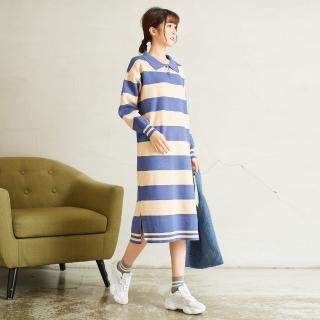 【慢。生活】POLO螺紋袖針織連身裙-F(寬條藍)
