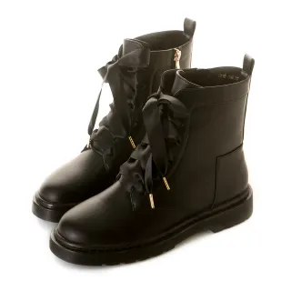 【amai】甜美中性緞帶拉鍊短靴 低跟靴 中筒靴 工靴 軍靴 大尺碼 GW18-106BK(黑色)
