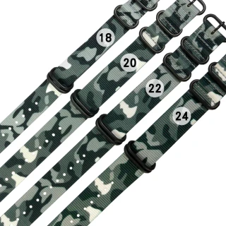 【Watchband】18.20.22.24 mm / 各品牌通用 潮流迷彩 輕便柔軟 黑鋼扣頭 尼龍錶帶(灰綠色)
