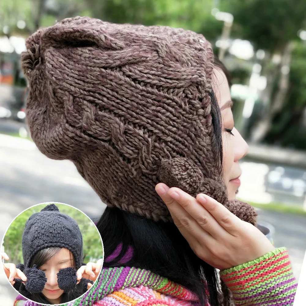 【Seoul Show首爾秀】素色毛線球棒針編織毛線帽(防寒保暖)