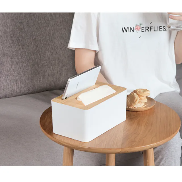 【E.City】北歐風手機卡槽款木蓋質感紙巾盒(桌面收納最佳幫手)