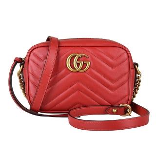 【GUCCI 古馳】GUCCI Marmont系列雙G復古金屬LOGO Mini Chain牛皮W字紋拉鍊斜揹包(芙蓉紅/迷你)