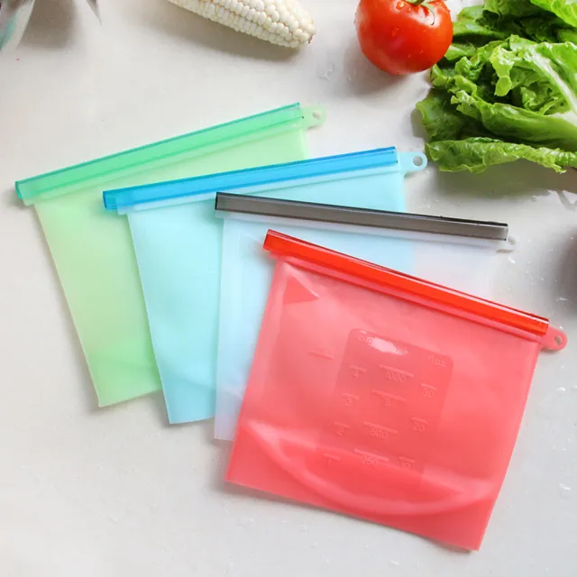 【日本KOMEKI】SGS認證 可微波食品級白金矽膠食物袋/保鮮密封袋1000ml- 6入組(顏色隨機 食物袋 分裝袋)