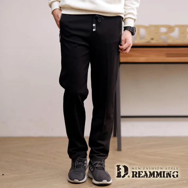 【Dreamming】極簡款彈力太空棉平口休閒運動長褲(黑色)