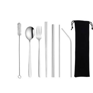 【PUSH!】餐具用品鍍鈦環保304不鏽鋼吸管餐具8件套裝(不鏽鋼吸管 E135)