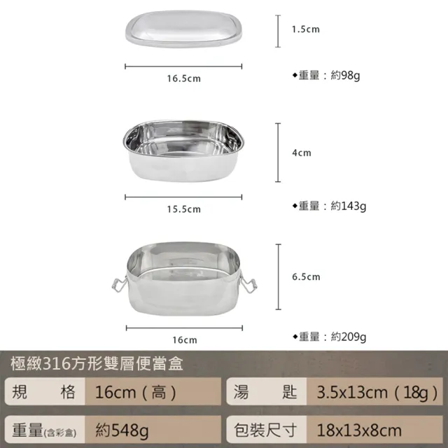 【PERFECT 理想】極緻316方形雙層便當盒16cm_高(台灣製造)