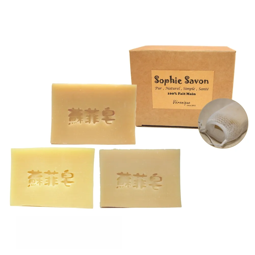 【Sophie Savon 蘇菲皂】雪亞脂3入體驗組 +網袋(羊奶皂/50g皂3入 潤膚/保濕/滋養 MIT手工皂)