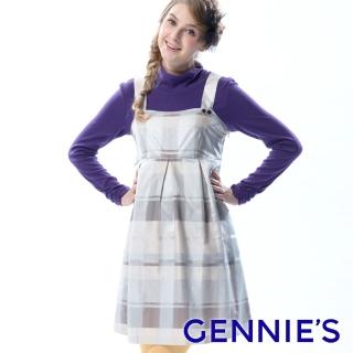 【Gennies 奇妮】質感格紋無袖洋裝-灰藍/淺卡(孕婦裝 方領 寬肩帶 拉鍊 綁帶)