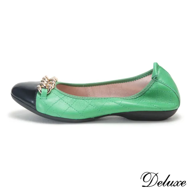 【Deluxe】全真皮優雅質感金屬鍊菱格紋娃娃鞋(綠☆米)