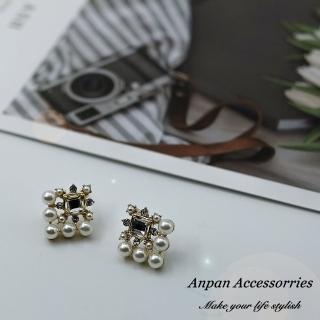 【Anpan】925銀針韓東大門幾何方形珍珠水鑽耳環