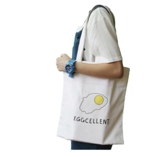 【89 zone】韓版簡約百搭荷包蛋煎蛋 購物袋 側肩包 斜挎包 單肩包 手提包 帆布包(白)