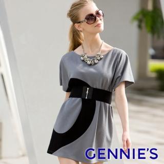 【Gennies 奇妮】時尚羊毛連袖長版上衣(黑/灰C3Y06)
