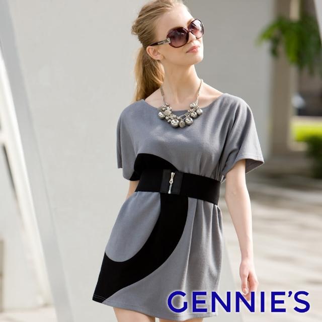 【Gennies 奇妮】時尚羊毛連袖長版上衣(黑/灰C3Y06)